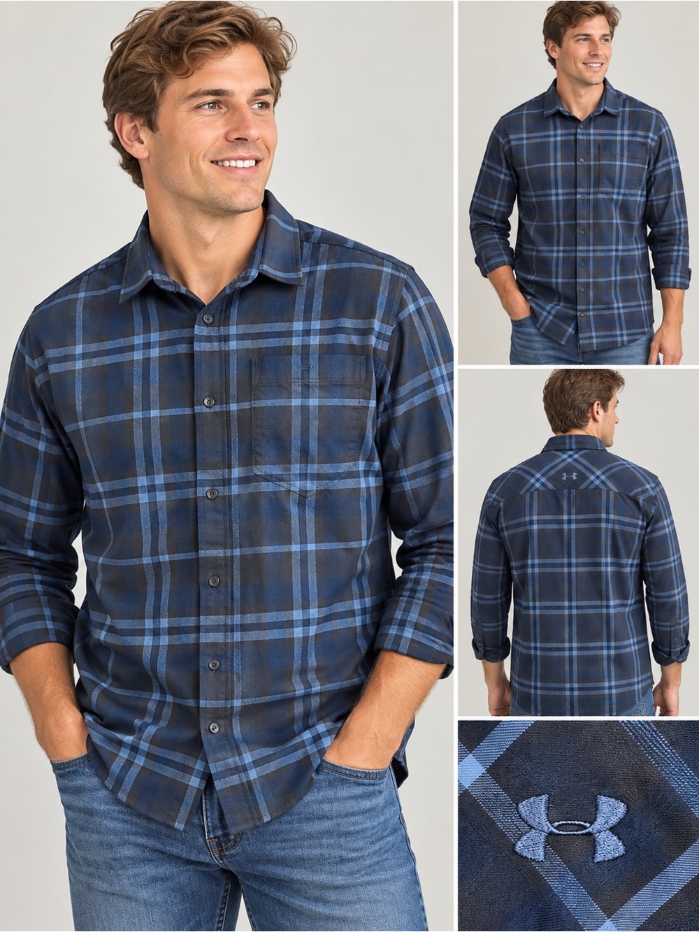 Under Armour Men's Blue Plaid Button-Up Shirt L